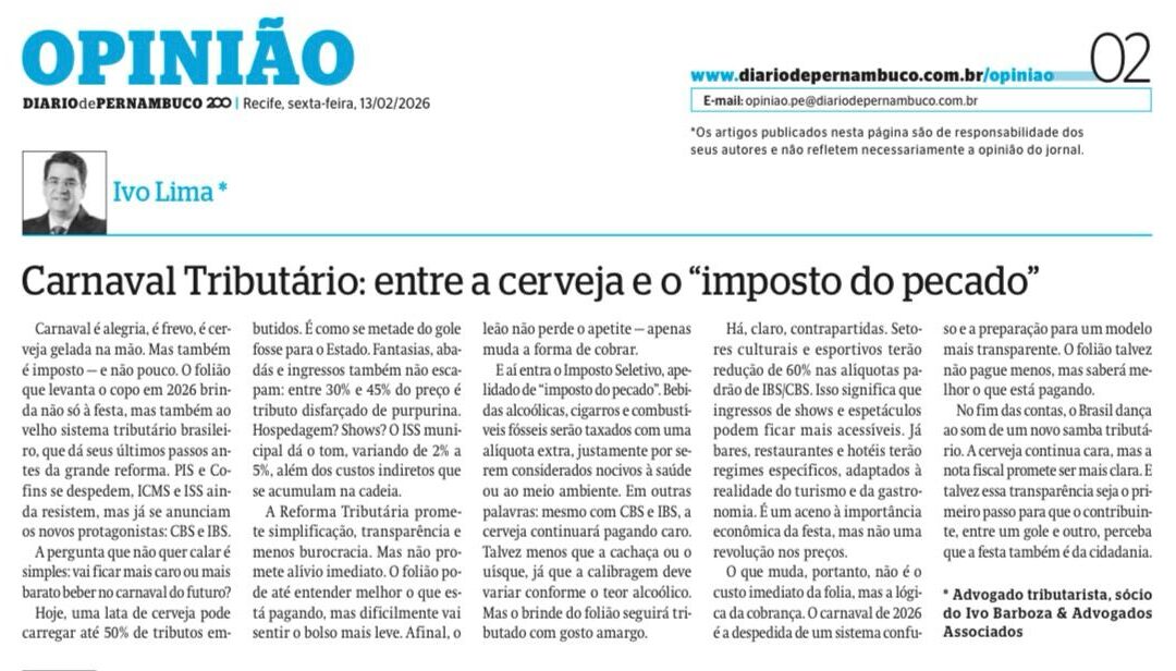 Artigo no Diario de Pernambuco | Carnaval Tributário: entre a cerveja e o “imposto do pecado”